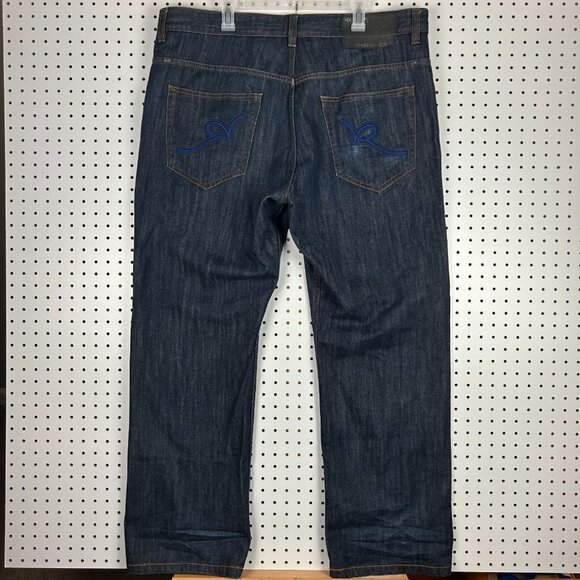 Rocawear‎ Blue Stitched Jeans 42x34 Dark Wash Streetwear Grunge Y2K Skater Baggy - Picture 1 of 8